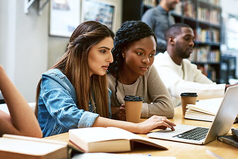 Humanities students examine a computer